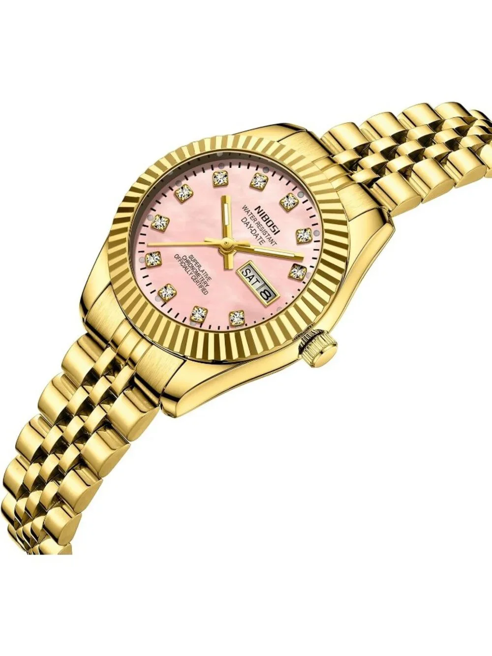 Women's Gold Pink Waterproof Luminous, Dainty Luxury Diamond Dial Ladies Watch